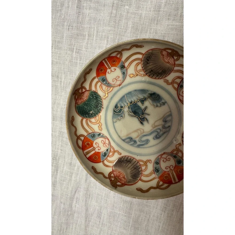 Vintage Japanese Hand Painted Porcelain Dish Fan Motif Imari Style